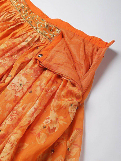 Orange & Gold-Toned Embellished Sequinned Semi-Stitched Myntra Lehenga & Unstitched Blouse